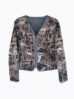 Vtg Peruvian Connection Quilted Cotton Reversible Jacket S Blue Brown Boho Art